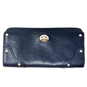 Coach Mercer Navy Blue Pebble Leather Accordion Wallet Clutch Zip Around